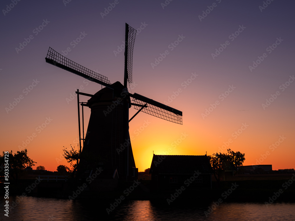 One of the windmills at Kinderdijk that are a group of 19 monumental windmills in the Alblasserwaard polder, in the province of South Holland, Netherlands.