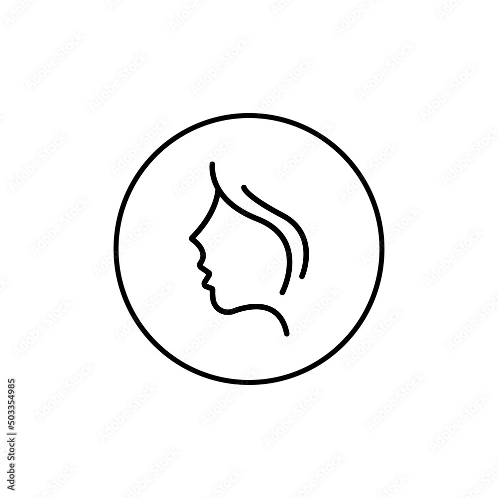Girl face profile black line icon in circle. Beauty salon abstract concept. Trendy flat isolated symbol sign for: illustration, outline, logo, mobile, app, design, web, dev, ui, ux, gui. Vector EPS 10 Girl face profile black line icon in circle. Beauty salon abstract concept. Trendy flat isolated symbol sign for: illustration, outline, logo, mobile, app, design, web, dev, ui, ux, gui. Vector EPS 10