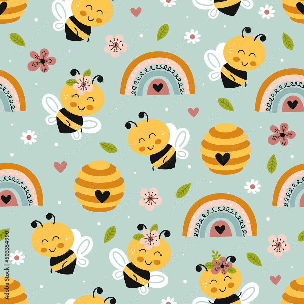 seamless pattern with bee, beehive, rainbow seamless pattern with bee, beehive, rainbow
