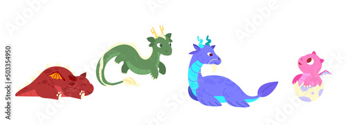 Fairy dragons. Fantasy colorful creatures, medieval magic fairy animals, mythical reptiles dinosaurs