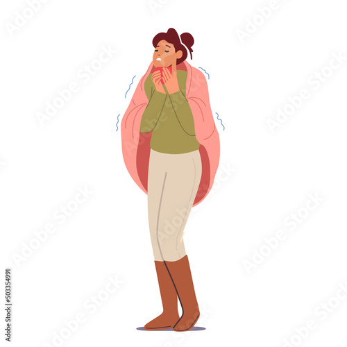 Freezing Female Character Wrapped in Warm Plaid Wear Winter Clothes Shivering due to Low Degrees Temperature