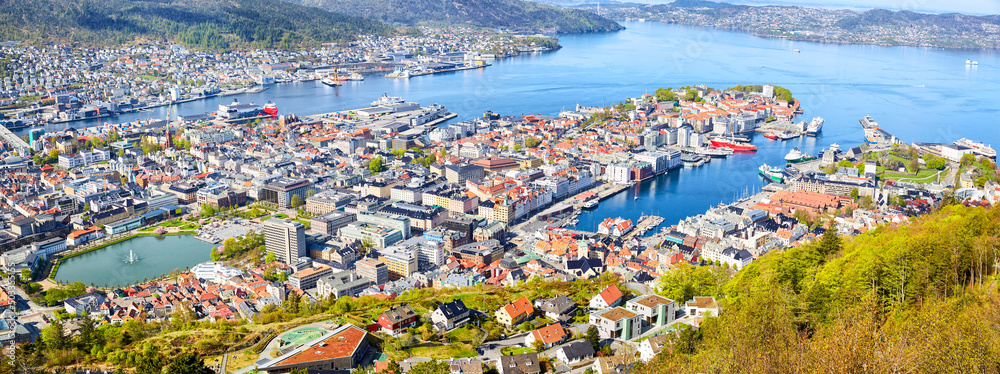 Panoramic aerial view of Bergen city, Norway