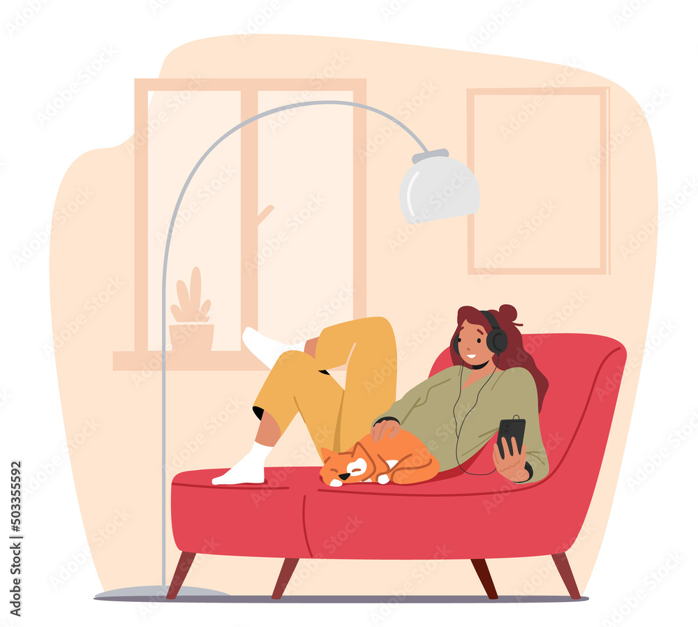 Obraz premium Online Podcasting, Radio Show Broadcasting Concept with Female Character Listen Audio Podcast. Woman Sitting with Phone