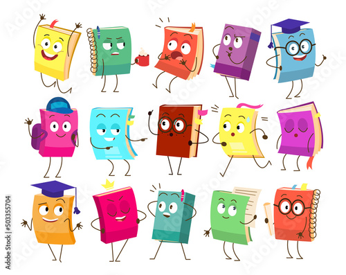 Set of funny book characters, mascots, cartoon. Childish books with smiling faces, arms and legs