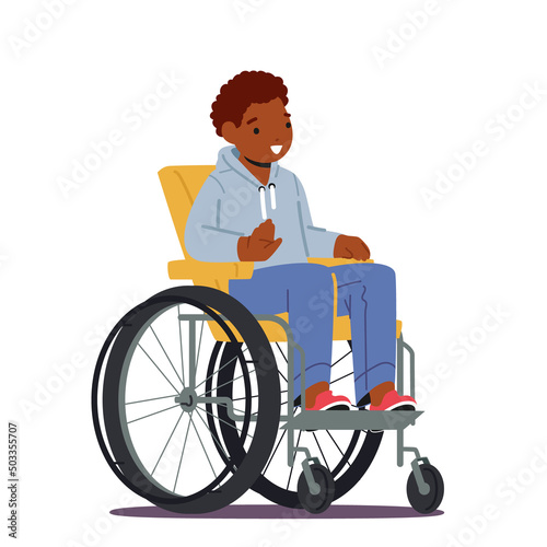 African Disabled Boy Sitting in Wheelchair Isolated on White Background. Child Character Disability, Paralyzed Person
