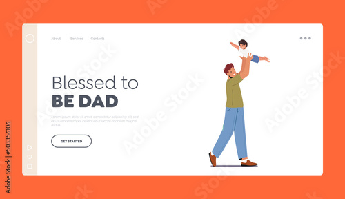 Dad Playing with Child Landing Page Template. Happy Father Character Tossing Up in the Air Little Baby. Family Fun