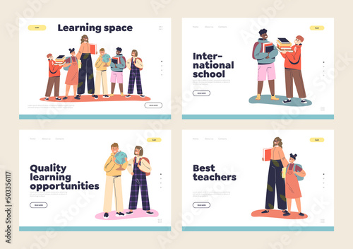 School learning opportunities and teacher landing pages set with happy schoolchildren and pedagogue