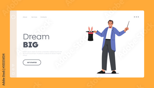 Big Top Illusionist Magic Show Landing Page Template. Circus Magician Performing Tricks With Magical Wand and Rabbit