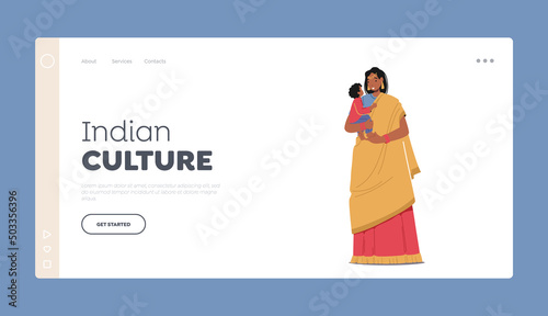 Tradition of India Landing Page Template. Indian Woman Wear Sari and Scarf Holding Baby on Hands, Mother with Child