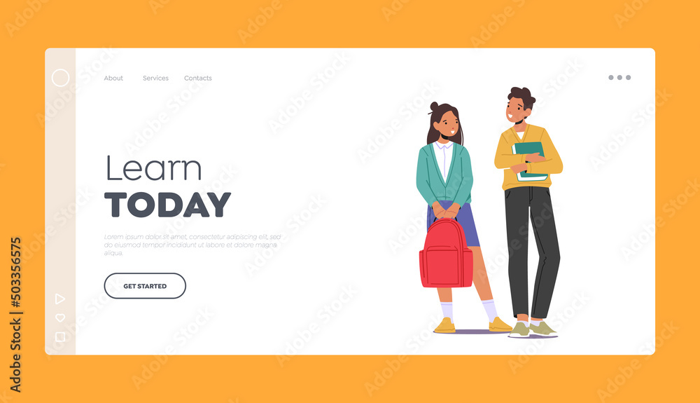 Learn Today Landing Page Template. Kids Pupils Characters Wear Uniform with Backpacks and Textbooks. Children Education