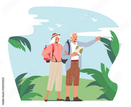 Elderly People Traveling Searching Way in Tropical Country. Aged Persons in Voyage Abroad. Senior Tourists with Map