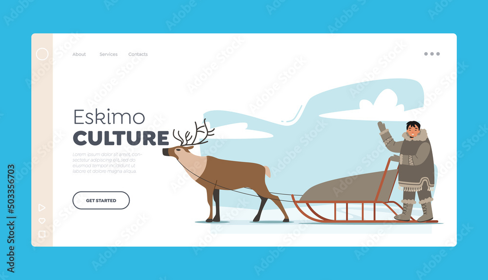 Eskimo Culture Landing Page Template. Male Character Riding Reindeer Sleigh. Life in Far North, Inuit Person Drives Sled