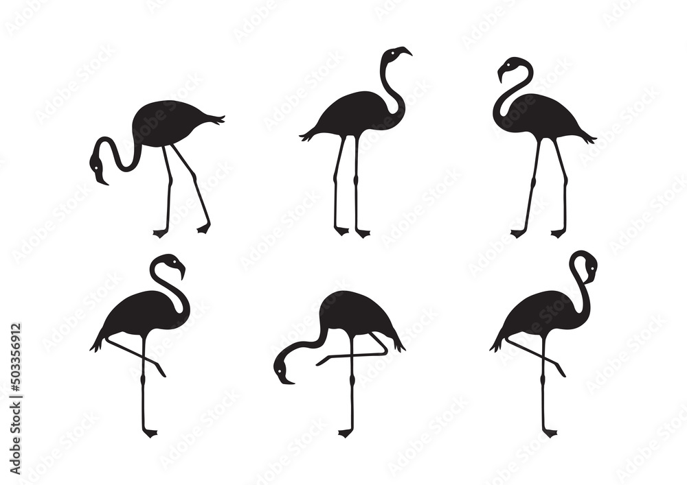 Naklejka premium Flamingo vector icon, tropical bird, summer animal set, cute zoo character, black silhouettes isolated on white background. Exotic fauna illustration