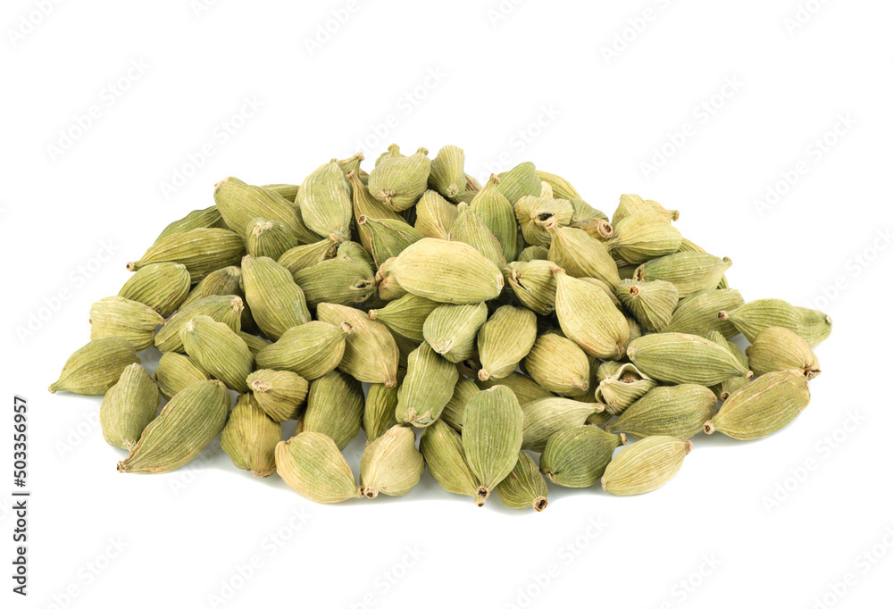 Cardamom pods and seeds isolated on white background Cardamom pods and seeds isolated on white background