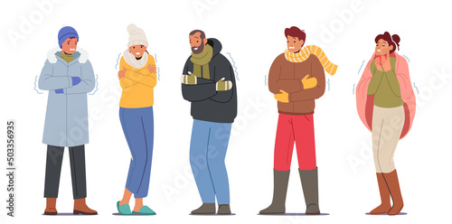 Set of Freezing People, Cold Weather Concept. Male and Female Characters Wearing Warm Clothes Suffering of Low Degrees