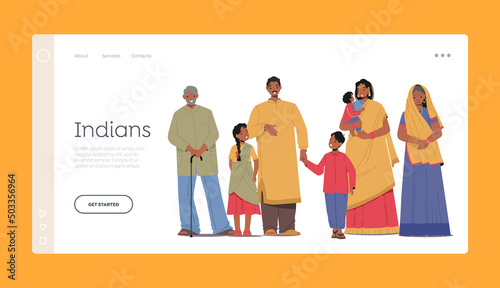 Indians Landing Page Template. Happy Indian Family Young and Old Male Female Characters Parents, Grandparents and Kids