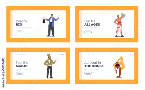 Circus Performers Landing Page Template Set. Artists Characters. Magician, Acrobat, Strongman with Dumbbell, Ringmaster