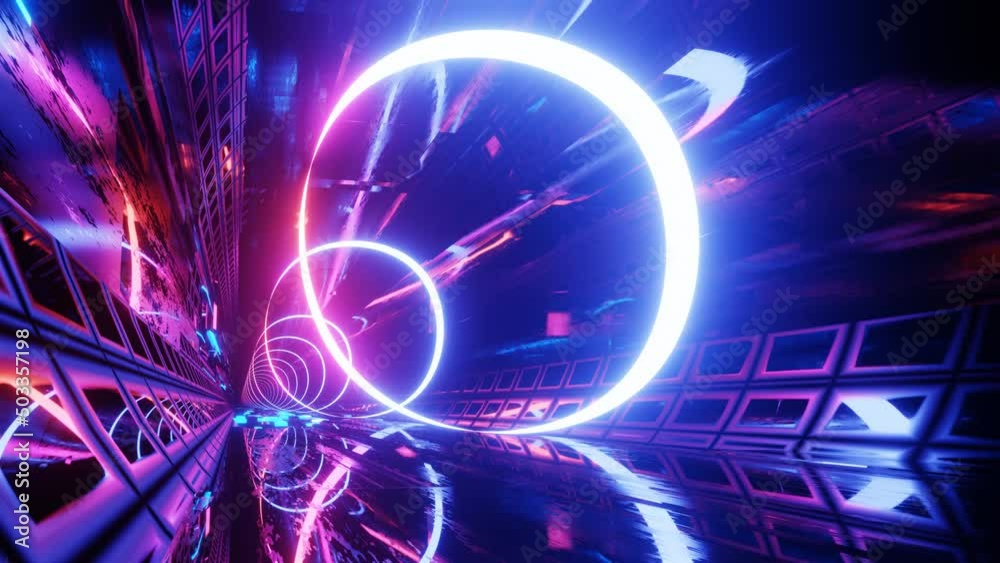 Hi-tech neon sci-fi tunel. Trendy neon glow lines form pattern and construction in mirror tunnel. Beautiful neon tunnel. Fly through technology cyberspace. 3d looped seamless 4k bright youth bg. Rings Hi-tech neon sci-fi tunel. Trendy neon glow lines form pattern and construction in mirror tunnel. Beautiful neon tunnel. Fly through technology cyberspace. 3d looped seamless 4k bright youth bg. Rings
