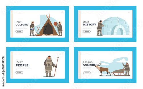 Eskimos Life Landing Page Template Set. Inuit Characters Holding Spear, Building Igloo, Riding Sled, Cooking Fish