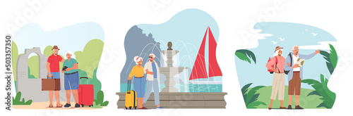 Set Senior Tourists Voyage in Foreign Country. Old Characters Searching Place with Map, Walk at City, Active Pensioners