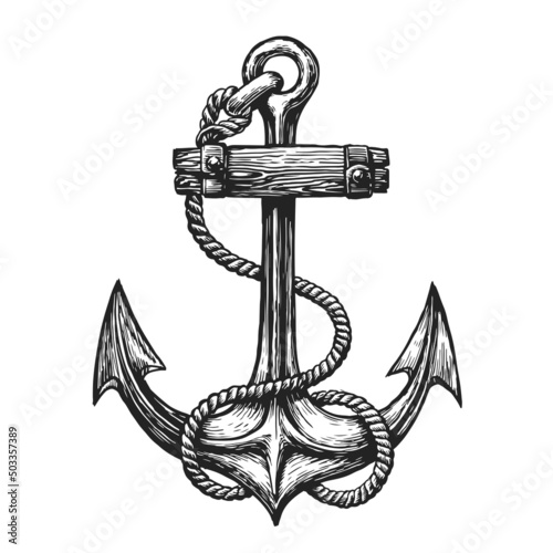 Billede på lærred Vintage anchor with rope drawn in engraving style