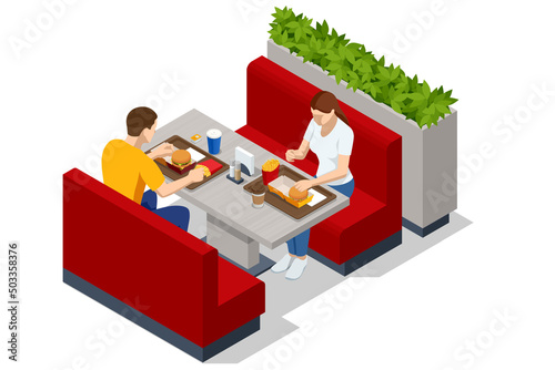 Isometric Fast Food Court Burger, Restaurant Interior, Catering, Shopping Mall. Couple Eating big burgers, cheeseburger and coke