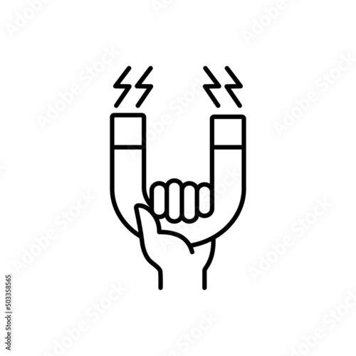 Magnet vector thin line icon. Hand holding magnet with lightning.