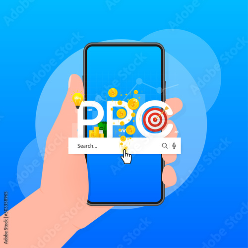 Cartoon illustration on blue backdrop. Abstract ppc for marketing advertising design. Isometric illustration