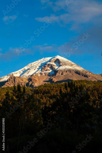 Peak orizaba highest mountain in mexico veracruz, mountain and forest landscape in the morning cold dawn and snow photo