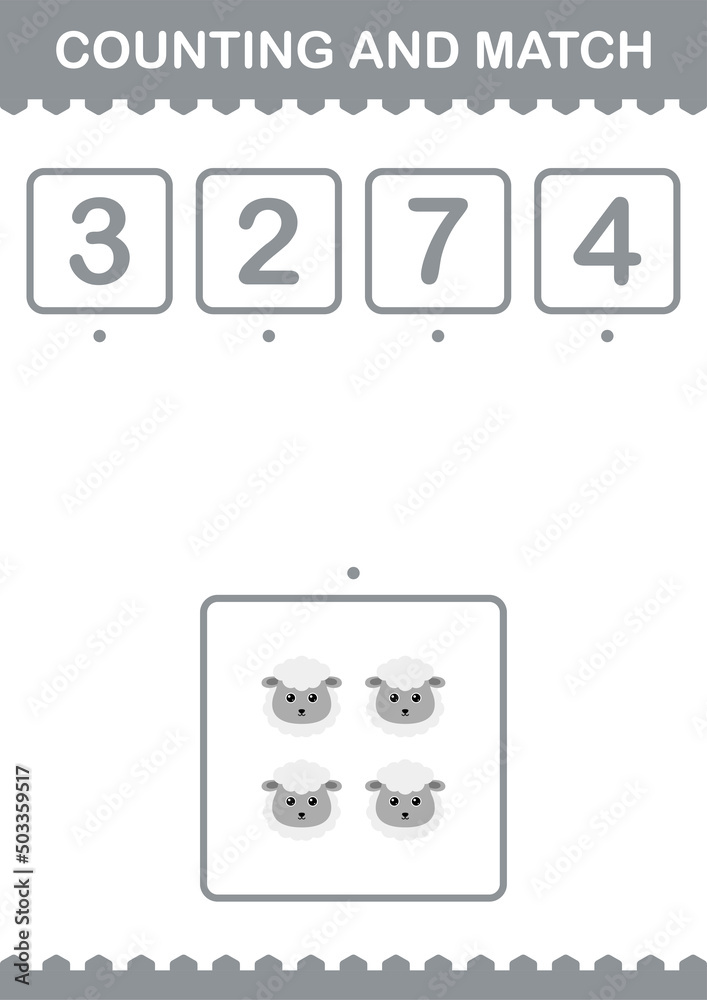 Counting and match Sheep face. Worksheet for kids Counting and match Sheep face. Worksheet for kids