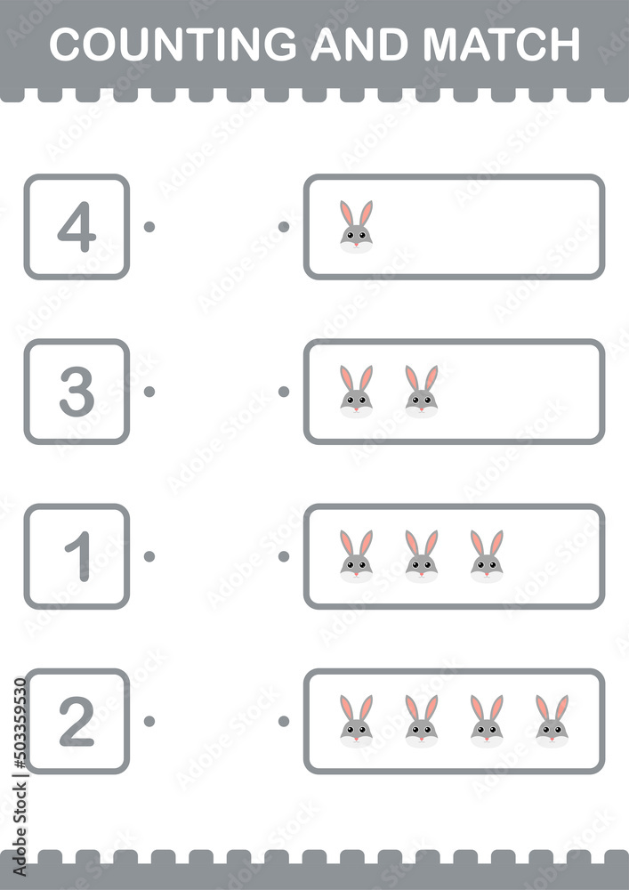 Counting and match Rabbit face. Worksheet for kids Counting and match Rabbit face. Worksheet for kids