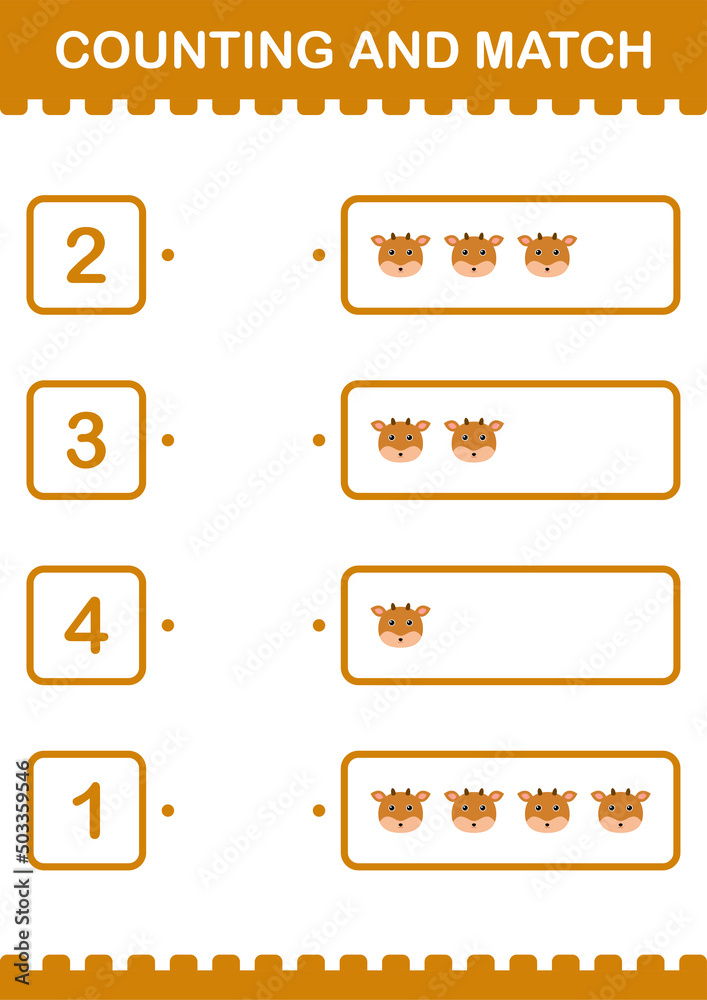 Counting and match Deer face. Worksheet for kids Counting and match Deer face. Worksheet for kids
