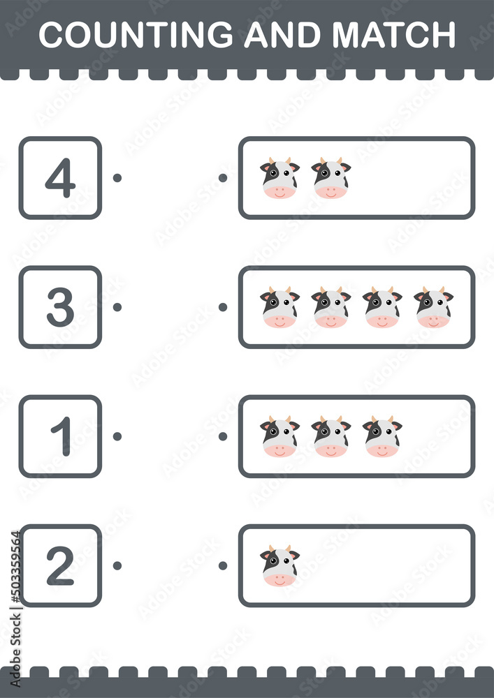Counting and match Cow face. Worksheet for kids Counting and match Cow face. Worksheet for kids