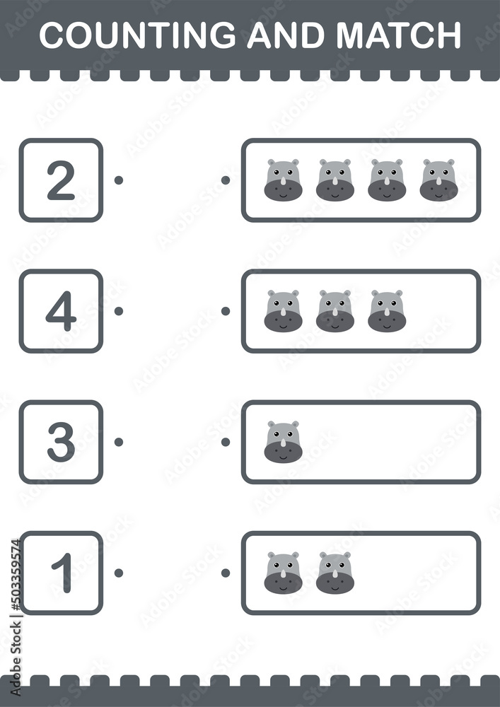 Counting and match Rhinoceros face. Worksheet for kids Counting and match Rhinoceros face. Worksheet for kids