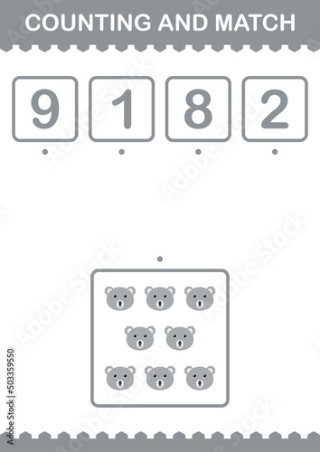 Counting and match Koala face. Worksheet for kids