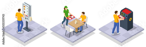 Isometric Self-Service Desk with Touch Screen and Payment Terminal Isolated on White Background. Modern Technologies. Hamburger Fast Food Restaurant
