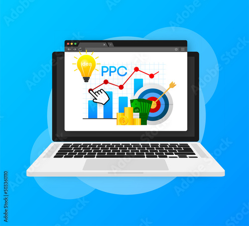 Cartoon illustration on blue backdrop. Abstract ppc for marketing advertising design. Isometric illustration