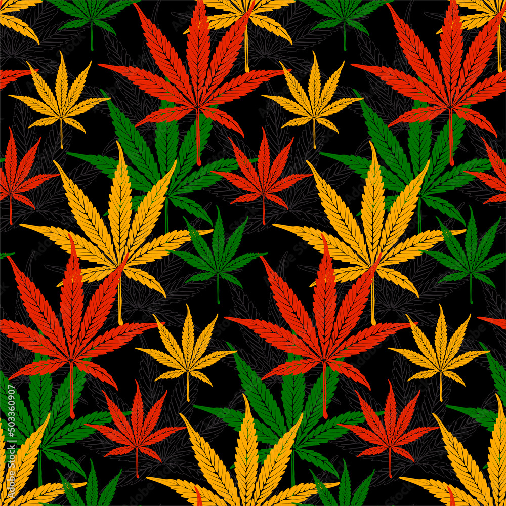 Rasta wallpaper. Abstract seamless pattern from marijuana cannabis on Rastafarian background colors. Vector Illustration