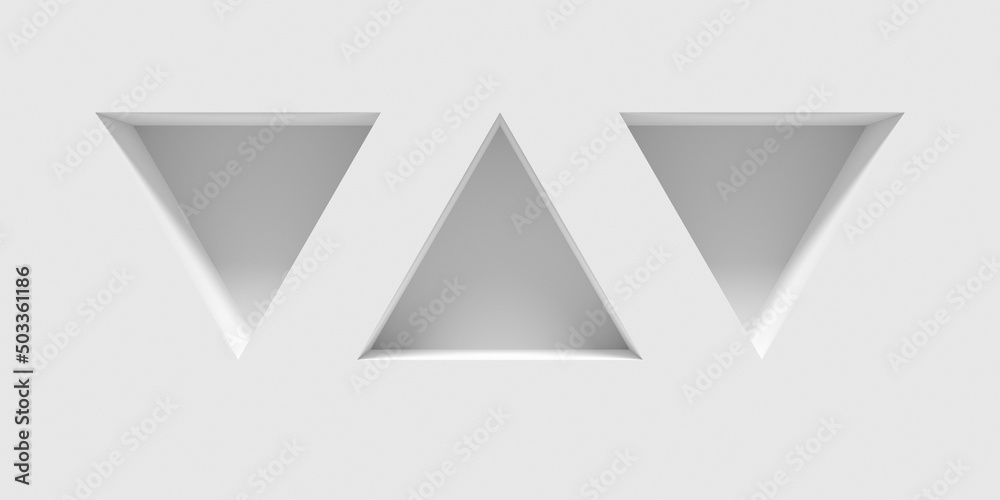 Empty modern abstract white room wall with three triangle shaped blank niches or recesses, product presentation template background Empty modern abstract white room wall with three triangle shaped blank niches or recesses, product presentation template background