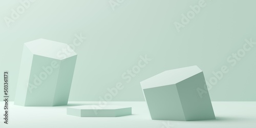 Pastel green empty, blank heagon shaped dais, podium or platform background with hexagon elements in the back, product presentation template mock-up photo