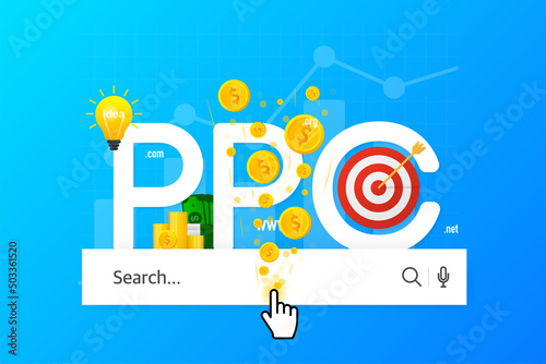 Cartoon illustration on blue backdrop. Abstract ppc for marketing advertising design. Isometric illustration