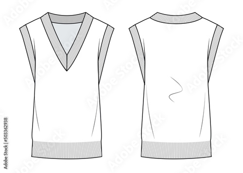Girl's V-neck Sweater Vest fashion flat technical drawing template. Unisex apparel Vest template front and back, white colour. Unisex CAD mock-up.