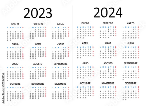 Spanish calendar 2023 2024 years. Week starts on Monday. Vector illustration photo