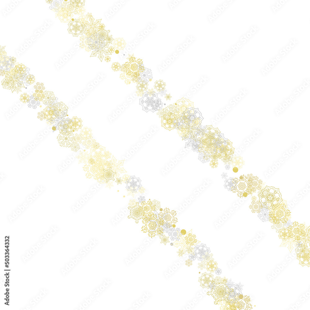 Gold snowflakes frame on white background. New year theme. Stylish shiny Christmas frame for holiday banner, card, sales, special offers. Falling snow with gold snowflakes and glitter for party invite