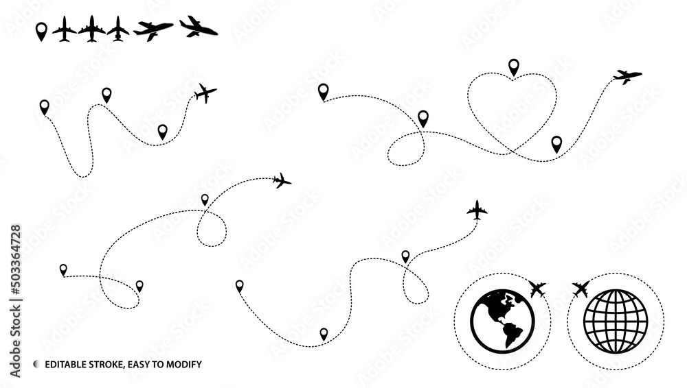 vetor-de-set-of-silhouette-air-plane-route-or-air-plane-line-path-with
