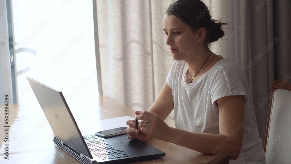 Authentic Stressful Woman working Chatting On Laptop Living Room. Writing Searching Using IT. Tired Sad Lady Working On Computer Internet On Comfortale Chair. Buisenes, Education, Technology Concept Authentic Stressful Woman working Chatting On Laptop Living Room. Writing Searching Using IT. Tired Sad Lady Working On Computer Internet On Comfortale Chair. Buisenes, Education, Technology Concept