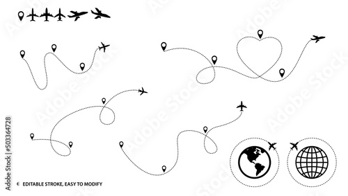 set of silhouette air plane route or air plane line path with dash line editable stroke, eps vector 