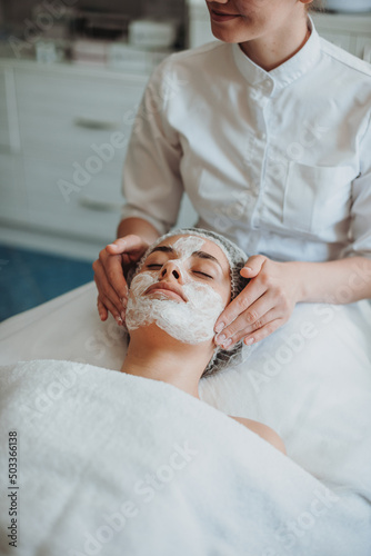 Canvastavla Face of woman in the spa salon getting a facial treatment