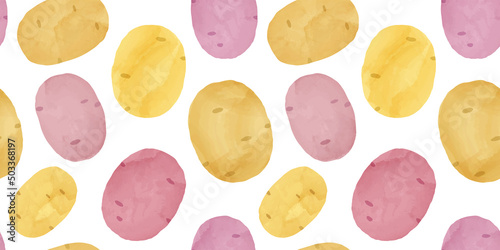 Potato vegetable watercolor drawing seamless pattern. Natural organic cooking ingredient background for restaurant, food recipe or healthy eating concept.