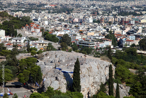 Areopagus (Mars Hill) behind Athens City from Acropolis in Greece. Mars Hill is a prominent site located 140 feet below the Acropolis.